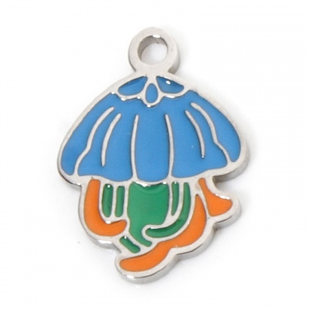 Picture of 2 PCs Eco-friendly 304 Stainless Steel Ocean Jewelry Charms Silver Tone Multicolor Jellyfish Enamel 16.5mm x 12mm