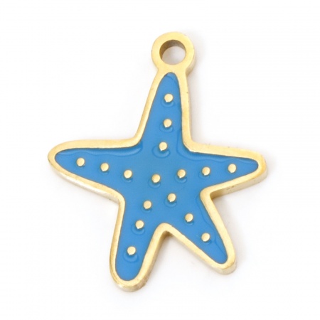 Picture of 2 PCs Vacuum Plating 304 Stainless Steel Ocean Jewelry Charms Gold Plated Blue Starfish Enamel 16mm x 13.5mm