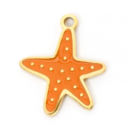 Picture of 2 PCs Vacuum Plating 304 Stainless Steel Ocean Jewelry Charms Gold Plated Orange Starfish Enamel 16mm x 13.5mm