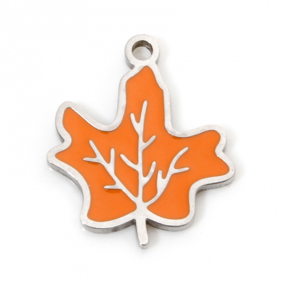 Immagine di 2 Pz Ecologico 304 Acciaio Inossidabile Stile Pastorale Ciondoli Foglia d'Acero Tono Argento Arancione Smalto 15.5mm x 13.5mm