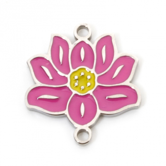 Immagine di 2 Pz Ecologico 304 Acciaio Inossidabile Stile Pastorale Pendenti Charms Connettori Fiore Di Loto Tono Argento Rosso Prugna Smalto 16mm x 15mm