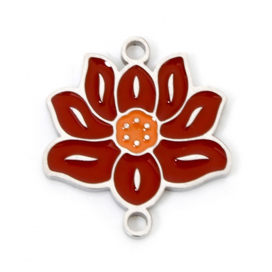Immagine di 2 Pz Ecologico 304 Acciaio Inossidabile Stile Pastorale Pendenti Charms Connettori Fiore Di Loto Tono Argento Colore di Vino Rosso Smalto 16mm x 15mm