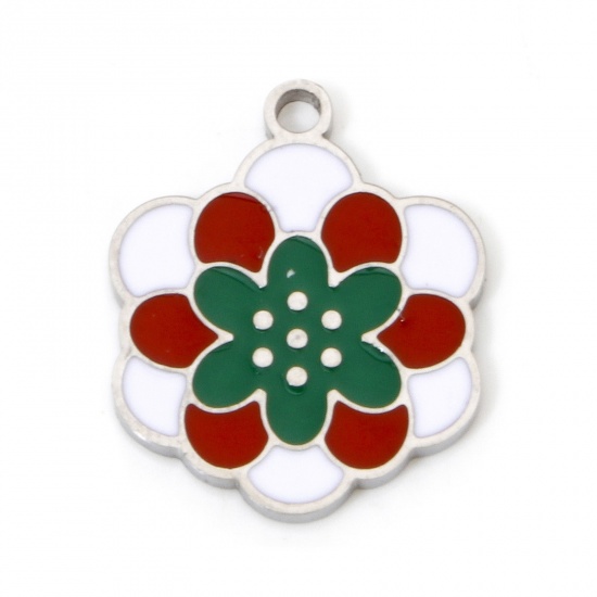 Immagine di 2 Pz Ecologico 304 Acciaio Inossidabile Stile Pastorale Ciondoli Fiore Tono Argento Multicolore Smalto 17.5mm x 14.5mm