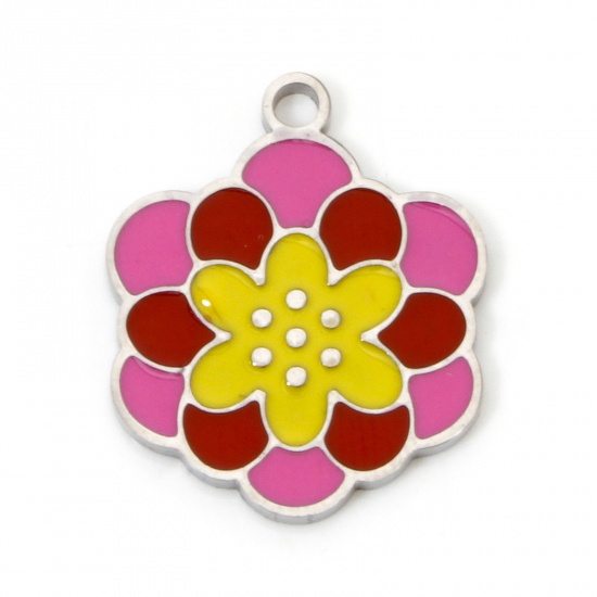 Immagine di 2 Pz Ecologico 304 Acciaio Inossidabile Stile Pastorale Ciondoli Fiore Tono Argento Multicolore Smalto 17.5mm x 14.5mm