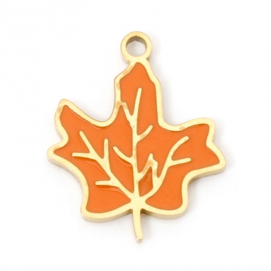 Immagine di 2 Pz Placcatura Sottovuoto 304 Acciaio Inossidabile Stile Pastorale Ciondoli Foglia d'Acero Oro Placcato Arancione Smalto 15.5mm x 13.5mm