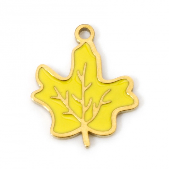 Immagine di 2 Pz Placcatura Sottovuoto 304 Acciaio Inossidabile Stile Pastorale Ciondoli Foglia d'Acero Oro Placcato Giallo Smalto 15.5mm x 13.5mm