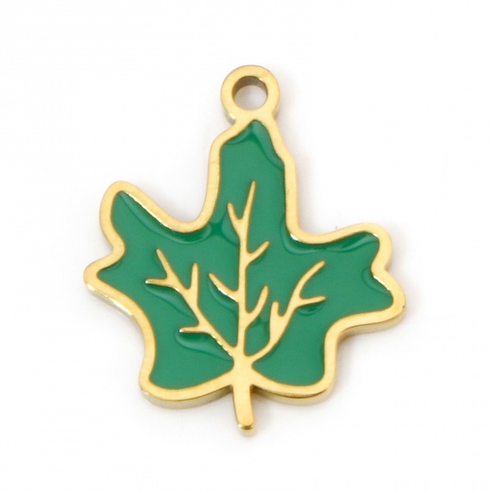 Immagine di 2 Pz Placcatura Sottovuoto 304 Acciaio Inossidabile Stile Pastorale Ciondoli Foglia d'Acero Oro Placcato Verde Smalto 15.5mm x 13.5mm