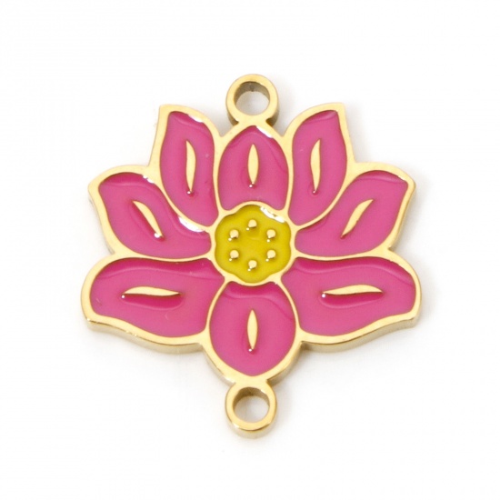 Immagine di 2 Pz Placcatura Sottovuoto 304 Acciaio Inossidabile Stile Pastorale Pendenti Charms Connettori Fiore Di Loto Oro Placcato Rosso Prugna Smalto 16mm x 15mm