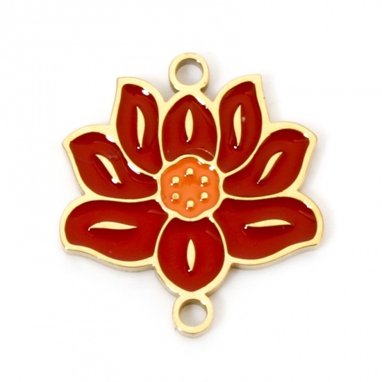 Immagine di 2 Pz Placcatura Sottovuoto 304 Acciaio Inossidabile Stile Pastorale Pendenti Charms Connettori Fiore Di Loto Oro Placcato Colore di Vino Rosso Smalto 16mm x 15mm
