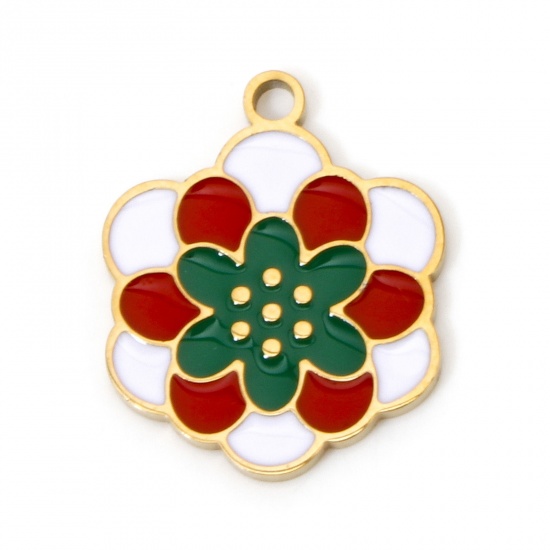 Immagine di 2 Pz Placcatura Sottovuoto 304 Acciaio Inossidabile Stile Pastorale Ciondoli Fiore Oro Placcato Multicolore Smalto 17.5mm x 14.5mm