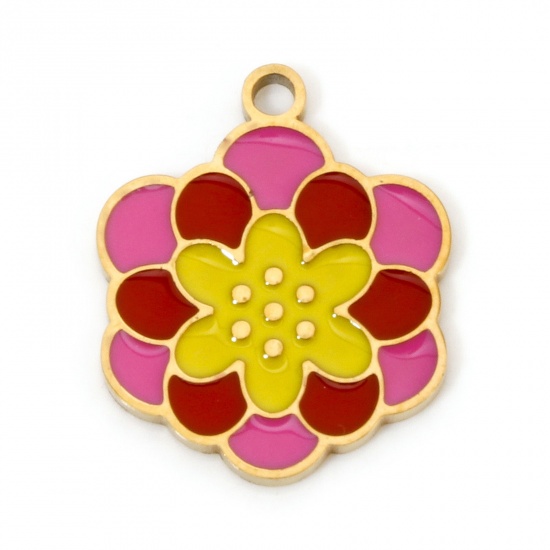 Immagine di 2 Pz Placcatura Sottovuoto 304 Acciaio Inossidabile Stile Pastorale Ciondoli Fiore Oro Placcato Multicolore Smalto 17.5mm x 14.5mm