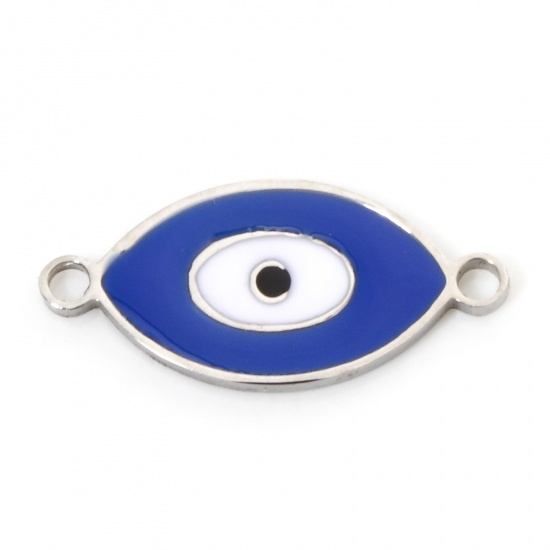 Image de 2 Pcs Connecteurs Pendentifs Breloques en 304 Acier Inoxydable Respectueux de la Nature Religieux Marquise Argent Mat Blanc & Bleu Œil Mauvais Émail 19mm x 9mm