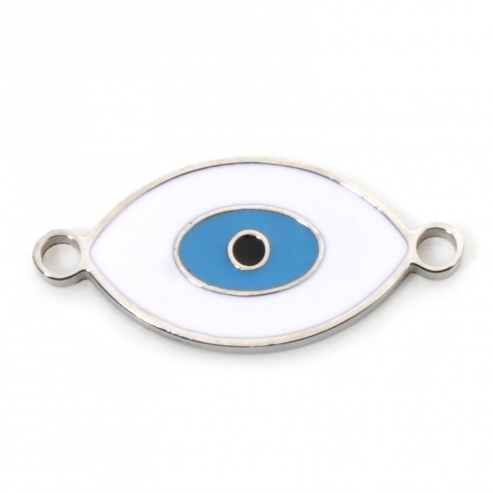 Image de 2 Pcs Connecteurs Pendentifs Breloques en 304 Acier Inoxydable Respectueux de la Nature Religieux Marquise Argent Mat Blanc & Bleu Clair Œil Mauvais Émail 19mm x 9mm