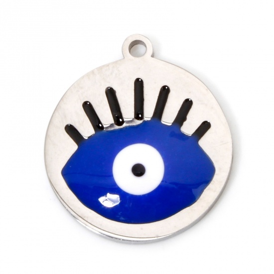 Image de 2 Pcs Breloques en 304 Acier Inoxydable Respectueux de la Nature Religieux Rond Argent Mat Blanc & Bleu Œil Mauvais Émail 17mm x 15mm