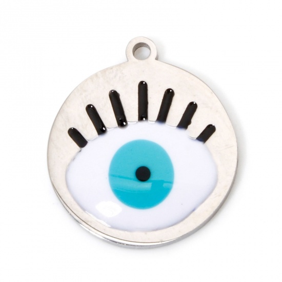 Image de 2 Pcs Breloques en 304 Acier Inoxydable Respectueux de la Nature Religieux Rond Argent Mat Blanc & Vert Œil Mauvais Émail 17mm x 15mm