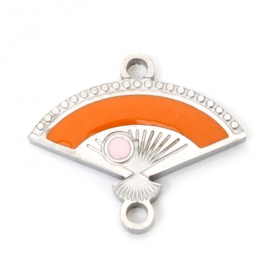 Image de 2 Pcs Connecteurs Pendentifs Breloques en 304 Acier Inoxydable Respectueux de la Nature Rétro Eventail Argent Mat Rose & Orange Émail 15.5mm x 13mm