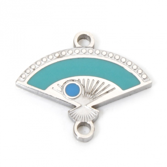 Image de 2 Pcs Connecteurs Pendentifs Breloques en 304 Acier Inoxydable Respectueux de la Nature Rétro Eventail Argent Mat Bleu Émail 15.5mm x 13mm