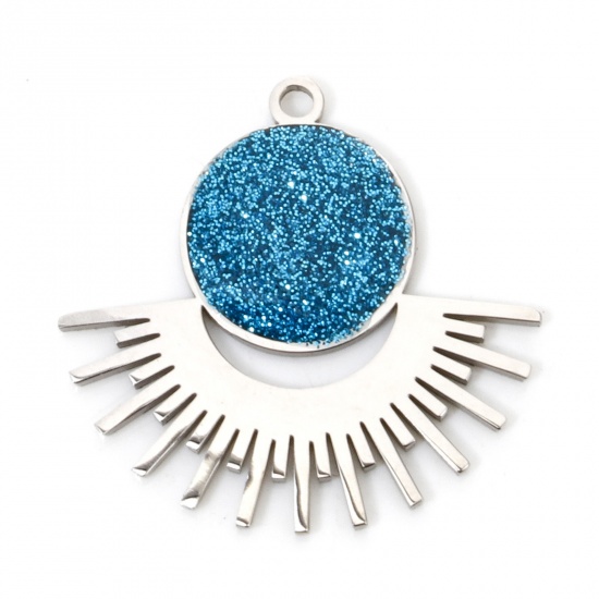 Image de 2 Pcs Breloques en 304 Acier Inoxydable Respectueux de la Nature Rétro Rond Argent Mat Bleu Rayons de Soleil Brillant Paillettes 25.5mm x 24.5mm