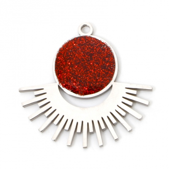 Image de 2 Pcs Breloques en 304 Acier Inoxydable Respectueux de la Nature Rétro Rond Argent Mat Rouge Rayons de Soleil Brillant Paillettes 25.5mm x 24.5mm