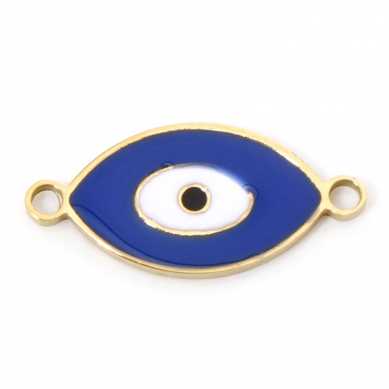 Image de 2 Pcs Connecteurs Pendentifs Breloques en 304 Acier Inoxydable Placage sous Vide Religieux Marquise Doré Blanc & Bleu Œil Mauvais Émail 19mm x 9mm