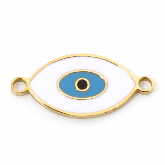 Image de 2 Pcs Connecteurs Pendentifs Breloques en 304 Acier Inoxydable Placage sous Vide Religieux Marquise Doré Blanc & Bleu Clair Œil Mauvais Émail 19mm x 9mm