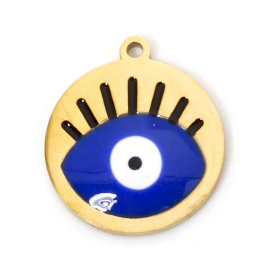 Image de 2 Pcs Breloques en 304 Acier Inoxydable Placage sous Vide Religieux Rond Doré Blanc & Bleu Œil Mauvais Émail 17mm x 15mm