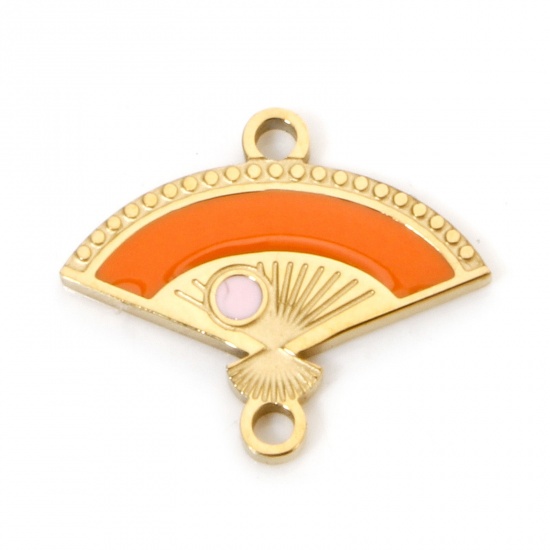Image de 2 Pcs Connecteurs Pendentifs Breloques en 304 Acier Inoxydable Placage sous Vide Rétro Eventail Doré Rose & Orange Émail 15.5mm x 13mm
