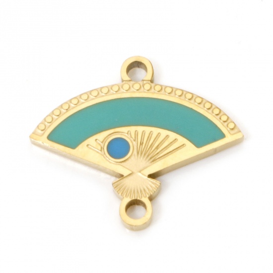 Image de 2 Pcs Connecteurs Pendentifs Breloques en 304 Acier Inoxydable Placage sous Vide Rétro Eventail Doré Bleu Émail 15.5mm x 13mm
