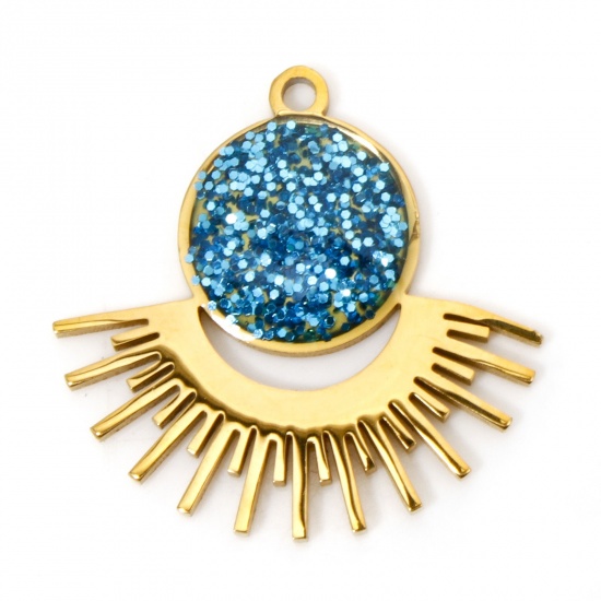 Image de 2 Pcs Breloques en 304 Acier Inoxydable Placage sous Vide Rétro Rond Doré Bleu Rayons de Soleil Brillant Paillettes 25.5mm x 24.5mm