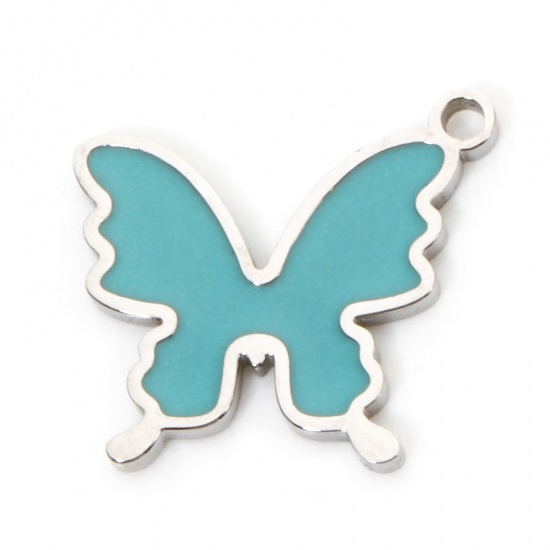 Immagine di 2 Pz Ecologico 304 Acciaio Inossidabile Insetto Ciondoli Farfalla Tono Argento Verde Blu Smalto 15mm x 13.5mm