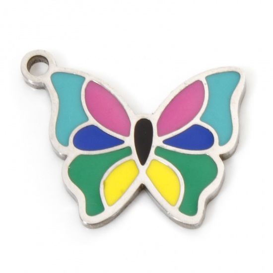 Immagine di 2 Pz Ecologico 304 Acciaio Inossidabile Insetto Ciondoli Farfalla Tono Argento Multicolore Smalto 17mm x 14mm