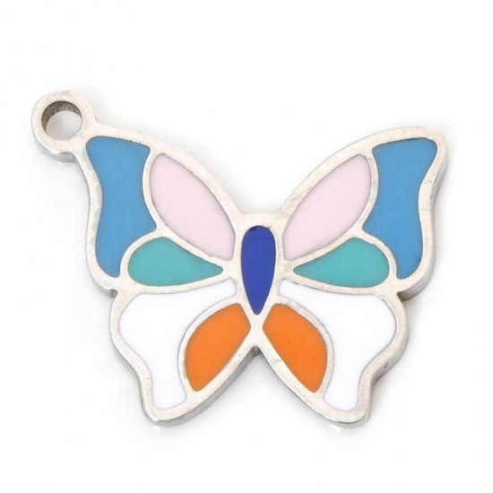 Immagine di 2 Pz Ecologico 304 Acciaio Inossidabile Insetto Ciondoli Farfalla Tono Argento Multicolore Smalto 17mm x 14mm