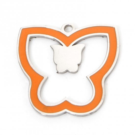 Immagine di 2 Pz Ecologico 304 Acciaio Inossidabile Insetto Ciondoli Farfalla Tono Argento Arancione Smalto 21.5mm x 20.5mm