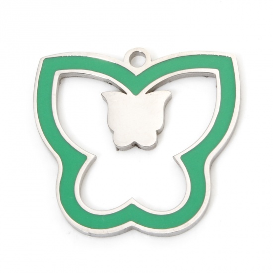 Immagine di 2 Pz Ecologico 304 Acciaio Inossidabile Insetto Ciondoli Farfalla Tono Argento Verde Smalto 21.5mm x 20.5mm