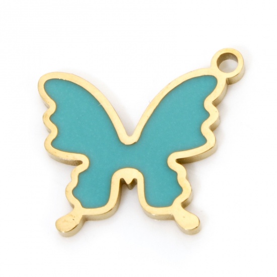 Immagine di 2 Pz Placcatura Sottovuoto 304 Acciaio Inossidabile Insetto Ciondoli Farfalla Oro Placcato Verde Blu Smalto 15mm x 13.5mm