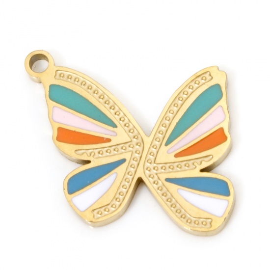 Immagine di 2 Pz Placcatura Sottovuoto 304 Acciaio Inossidabile Insetto Ciondoli Farfalla Oro Placcato Multicolore Smalto 20.5mm x 16mm