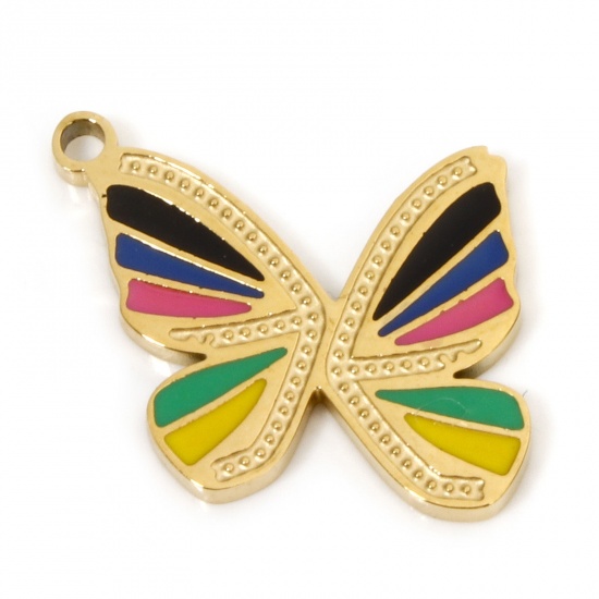 Immagine di 2 Pz Placcatura Sottovuoto 304 Acciaio Inossidabile Insetto Ciondoli Farfalla Oro Placcato Multicolore Smalto 20.5mm x 16mm