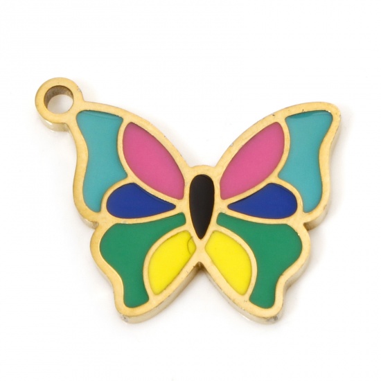Immagine di 2 Pz Placcatura Sottovuoto 304 Acciaio Inossidabile Insetto Ciondoli Farfalla Oro Placcato Multicolore Smalto 17mm x 14mm