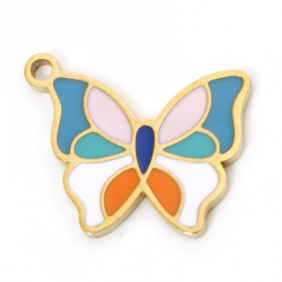 Immagine di 2 Pz Placcatura Sottovuoto 304 Acciaio Inossidabile Insetto Ciondoli Farfalla Oro Placcato Multicolore Smalto 17mm x 14mm