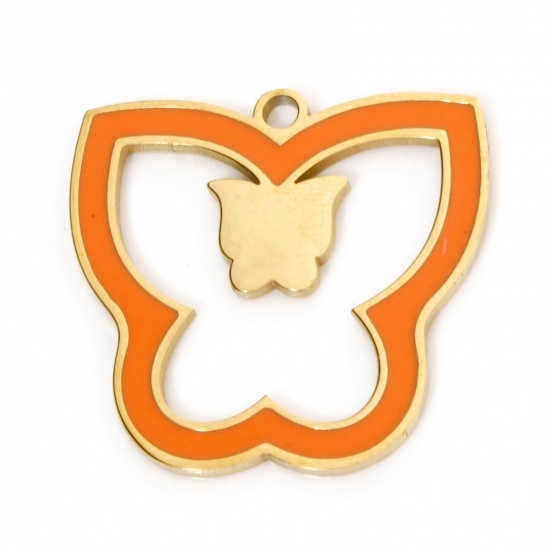 Immagine di 2 Pz Placcatura Sottovuoto 304 Acciaio Inossidabile Insetto Ciondoli Farfalla Oro Placcato Arancione Smalto 21.5mm x 20.5mm
