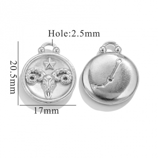 Image de 5 Pcs Breloques en 304 Acier Inoxydable Rond Argent Mat Constellation Bélier 20.5mm x 17mm