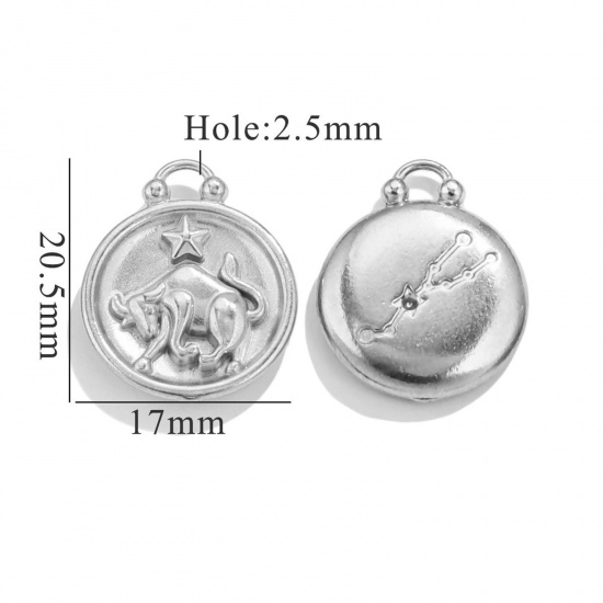 Image de 5 Pcs Breloques en 304 Acier Inoxydable Rond Argent Mat Constellation Taureaux 20.5mm x 17mm