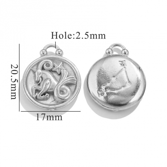 Image de 5 Pcs Breloques en 304 Acier Inoxydable Rond Argent Mat Constellation Capricorne 20.5mm x 17mm