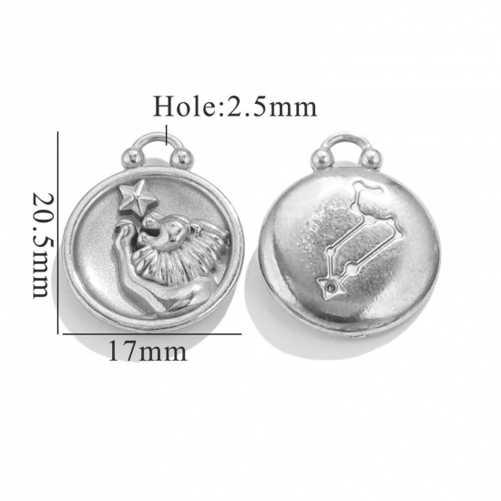 Image de 5 Pcs Breloques en 304 Acier Inoxydable Rond Argent Mat Constellation Lion 20.5mm x 17mm