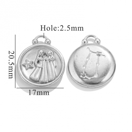 Image de 5 Pcs Breloques en 304 Acier Inoxydable Rond Argent Mat Constellation Gémeaux 20.5mm x 17mm