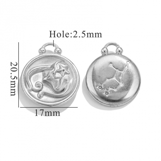 Image de 5 Pcs Breloques en 304 Acier Inoxydable Rond Argent Mat Constellation Vierge 20.5mm x 17mm