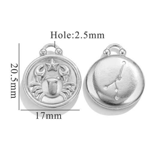Image de 5 Pcs Breloques en 304 Acier Inoxydable Rond Argent Mat Constellation Cancer 20.5mm x 17mm