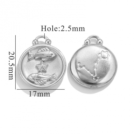 Image de 5 Pcs Breloques en 304 Acier Inoxydable Rond Argent Mat Constellation Poissons 20.5mm x 17mm