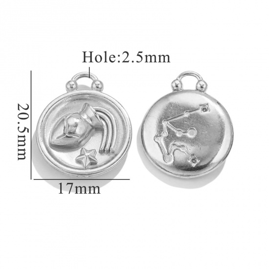 Image de 5 Pcs Breloques en 304 Acier Inoxydable Rond Argent Mat Constellation Verseau 20.5mm x 17mm