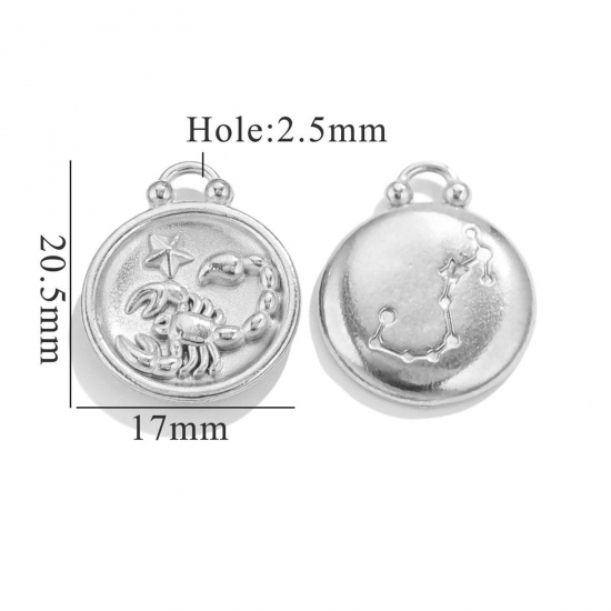 Image de 5 Pcs Breloques en 304 Acier Inoxydable Rond Argent Mat Constellation Scorpion 20.5mm x 17mm